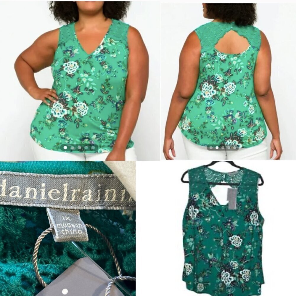 Daniel‎ Rainn Sleeveless Fantine Crochet lace green floral cutout tunic,   NWT
